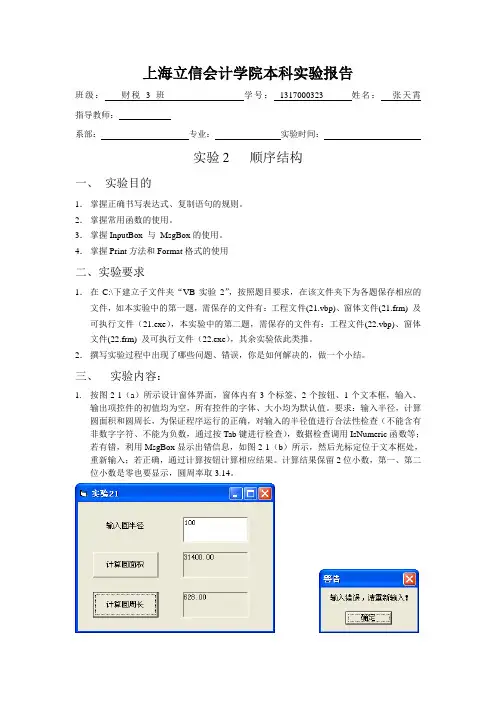 VB程序设计实验要求及报告2