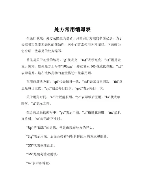 处方常用缩写表
