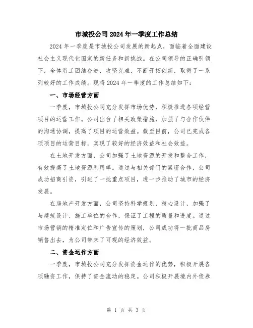 市城投公司2024年一季度工作总结
