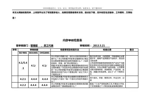 内部审核检查表(管理层、员工代表)