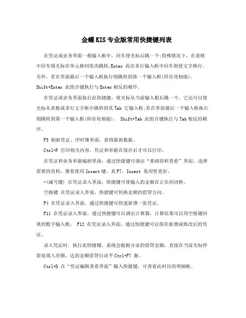 金蝶KIS专业版常用快捷键列表