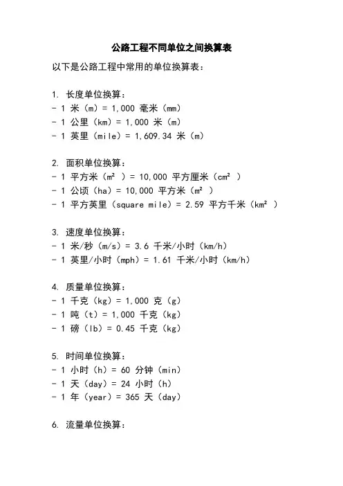 公路工程不同单位之间换算表