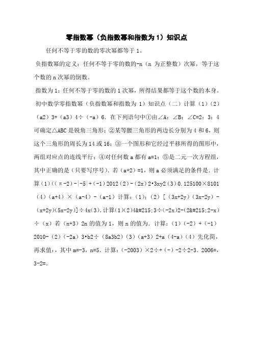零指数幂(负指数幂和指数为1)知识点