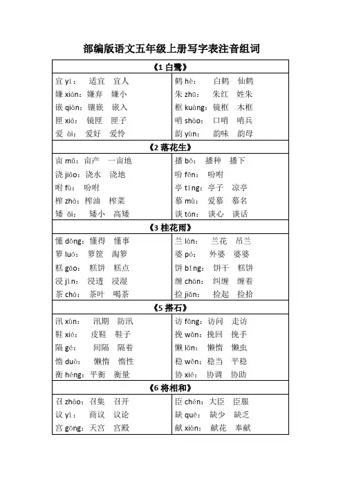 部编版语文五年级上册写字表注音组词