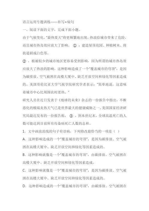 2023届高考语文复习：语言运用专题训练-----补写+病句(含答案)