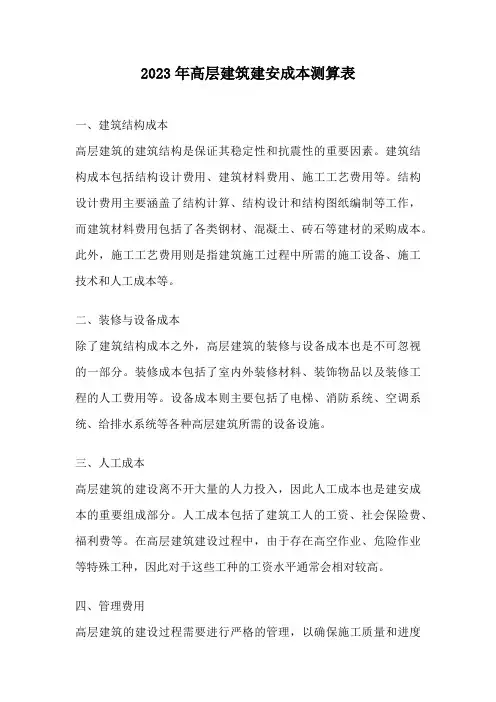2023年高层建筑建安成本测算表