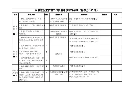 血透室护理工作质量考评标准