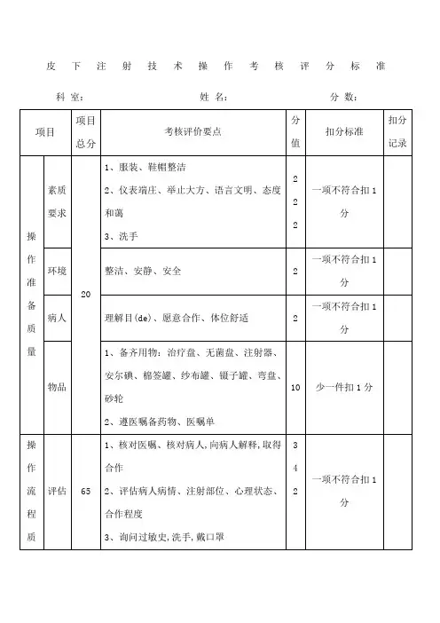 皮下注射技术操作考核评分标准