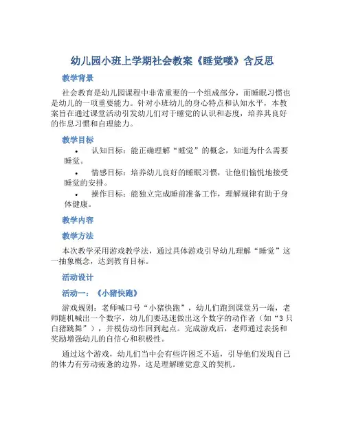 幼儿园小班上学期社会教案《睡觉喽》含反思