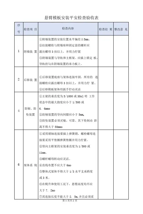 悬臂模板安装安全检查验收表