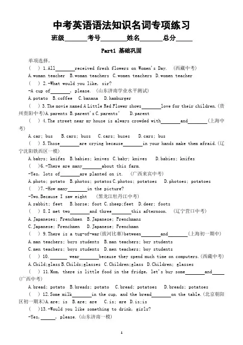 初中英语2024中考复习语法知识名词专项练习(通用版)(附参考答案)