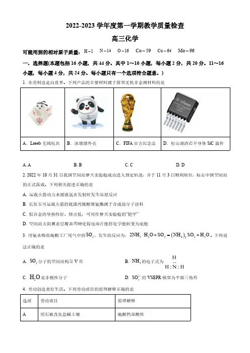 2022-2023学年广东省东莞市高三上学期期末考试教学质量检查化学试卷含答案