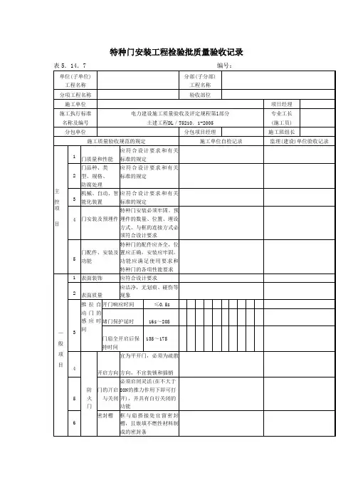 特种门安装工程检验批质量验收记录