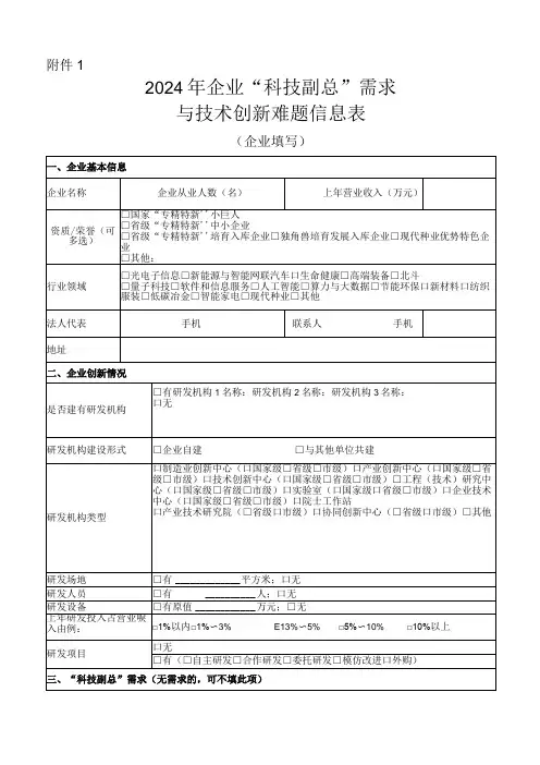 2024年企业“科技副总”需求与技术创新难题信息表(企业填写)