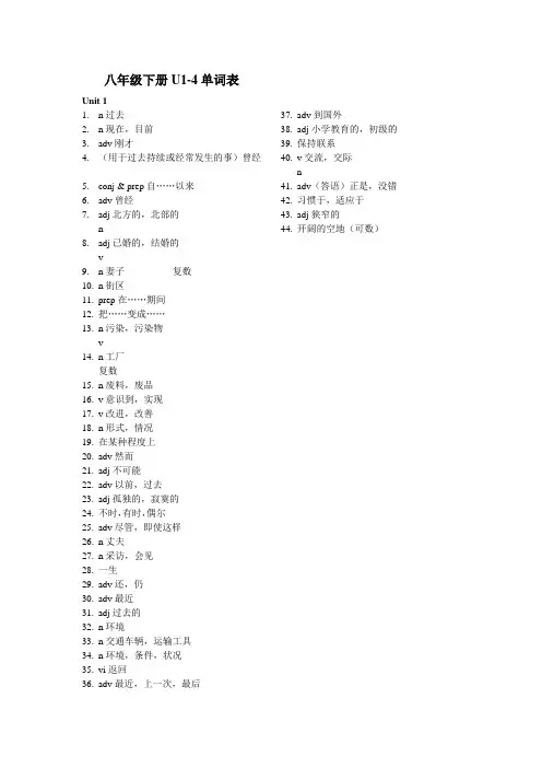 八年级下册英语(苏教版八年级)新教材八年级下册U1-4单词表