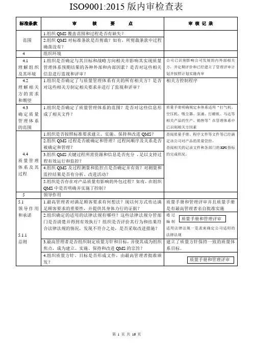 ISO9001-2015版《质量管理体系》内审检查表