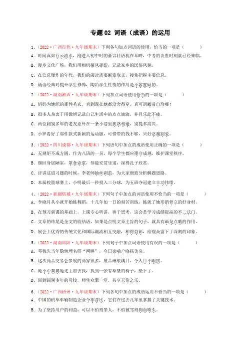 词语(成语)的运用(专题过关)九年级语文上学期期中期末考点大串讲(部编版)  (原卷版)