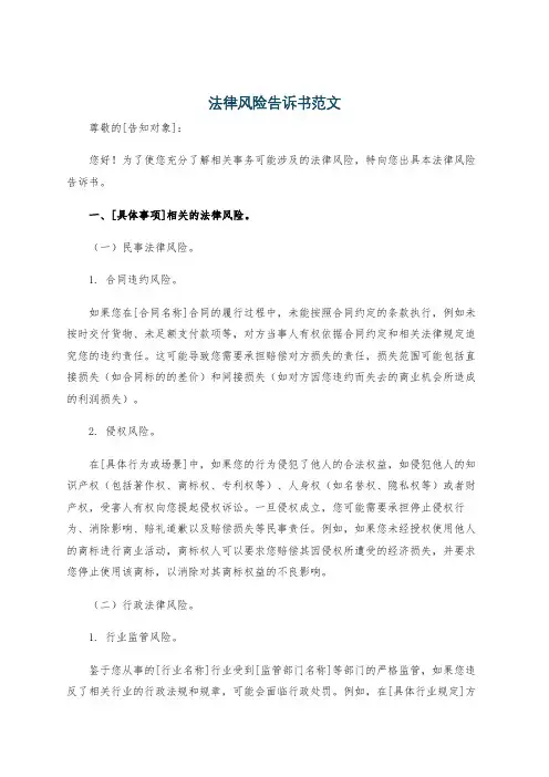 法律风险告诉书范文