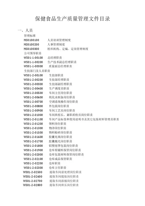 保健食品GMP文件目录全