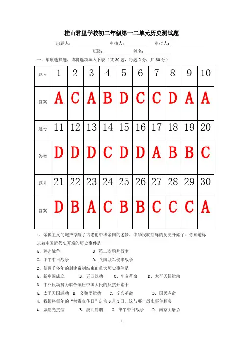 中国近代史测试  第一二单元测试(附答案)