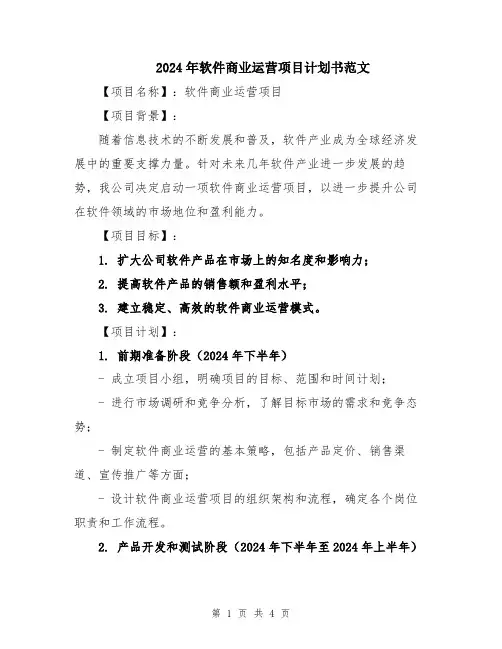 2024年软件商业运营项目计划书范文