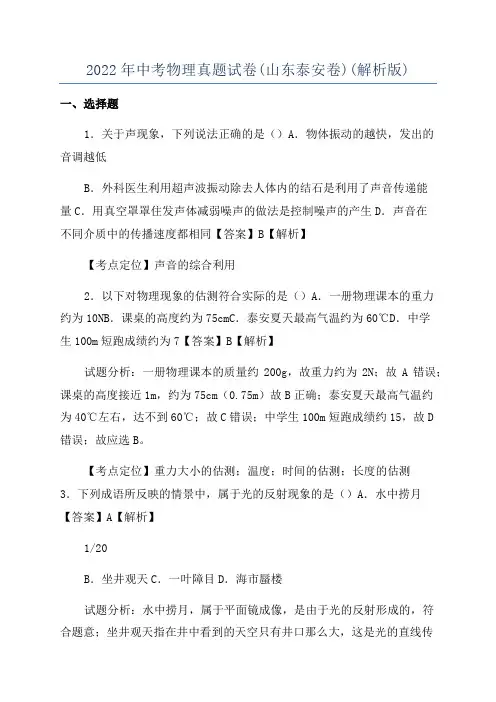 2022年中考物理真题试卷(山东泰安卷)(解析版)