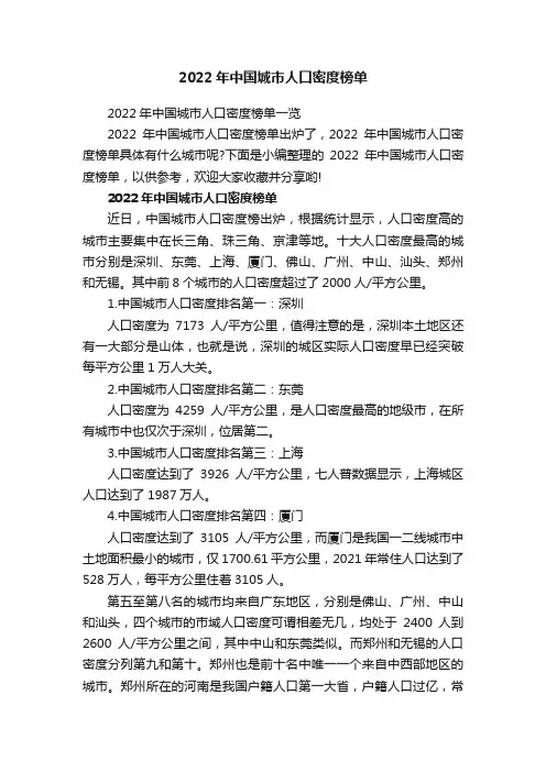2022年中国城市人口密度榜单