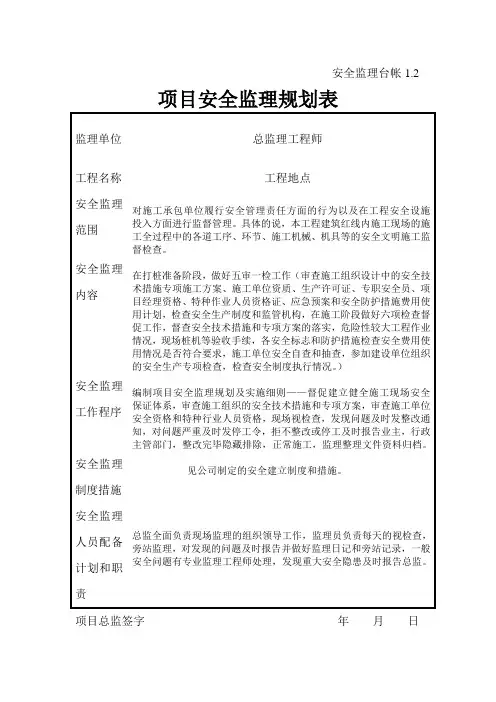 [监理资料][监理安全台账]项目安全监理规划表