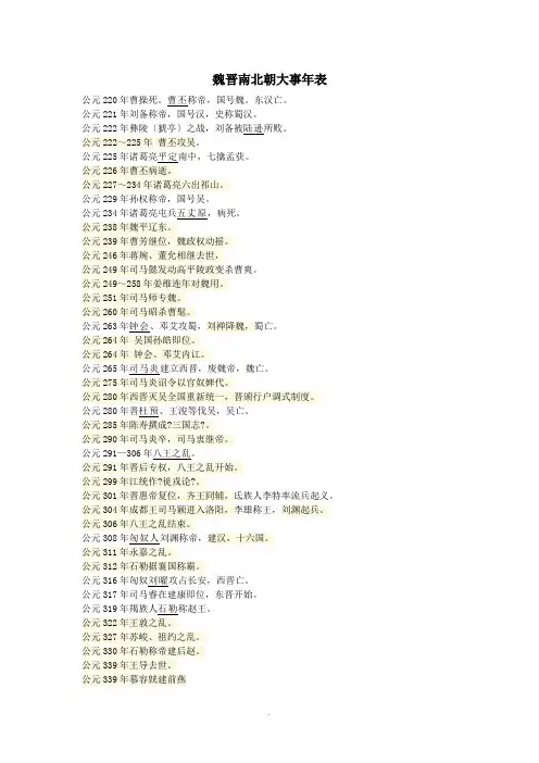 魏晋南北朝大事年表 