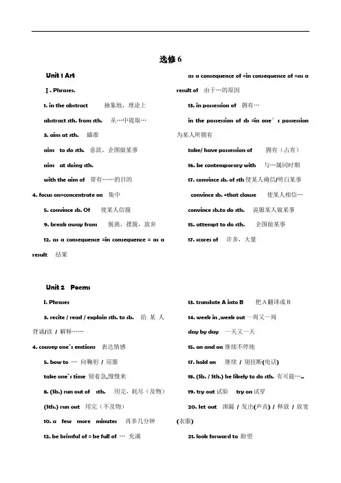 人教版英语选修6词组及重点句子总结