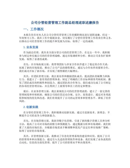 公司分管经营管理工作副总经理述职述廉报告