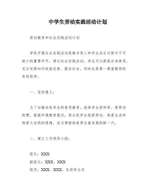 中学生劳动实践活动计划
