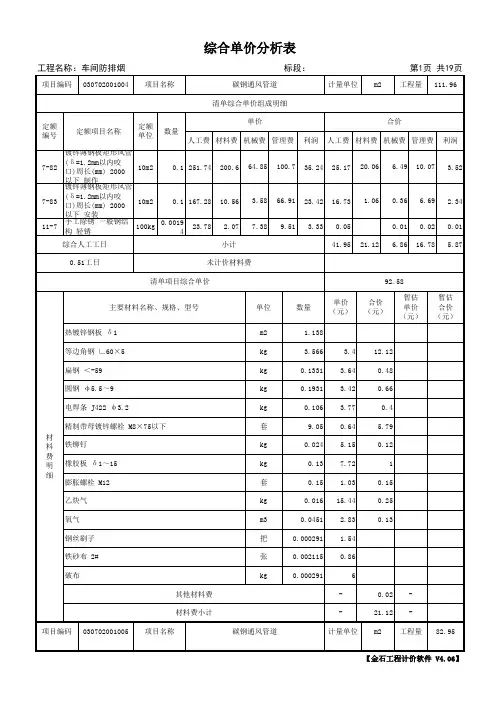 车间消防 排烟综合单价分析表