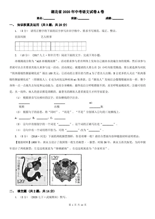 湖北省2020年中考语文试卷A卷(考试)