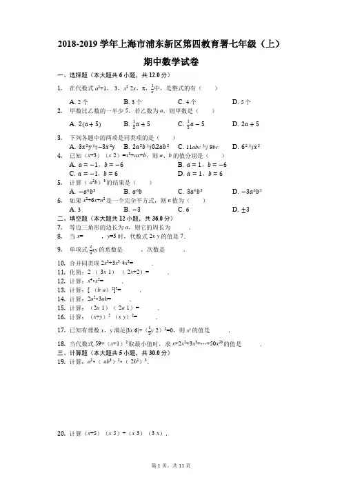2018-2019学年上海市浦东新区第四教育署七年级(上)期中数学试卷
