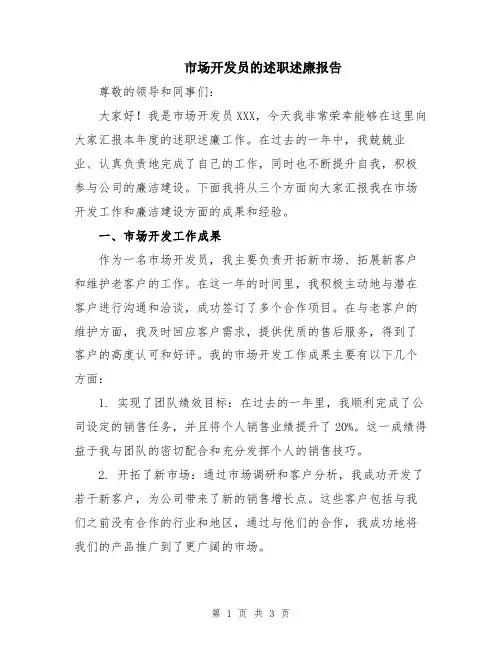 市场开发员的述职述廉报告