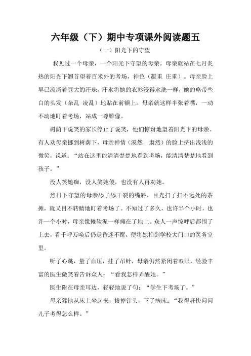 部编版六年级下册语文期中课外阅读专项试题五(5篇,含答案)