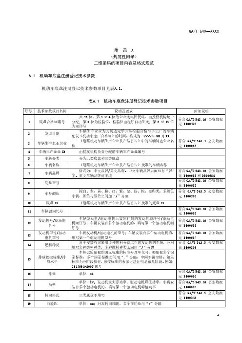 机动车注册登记技术参数二维条码的项目内容及格式规范