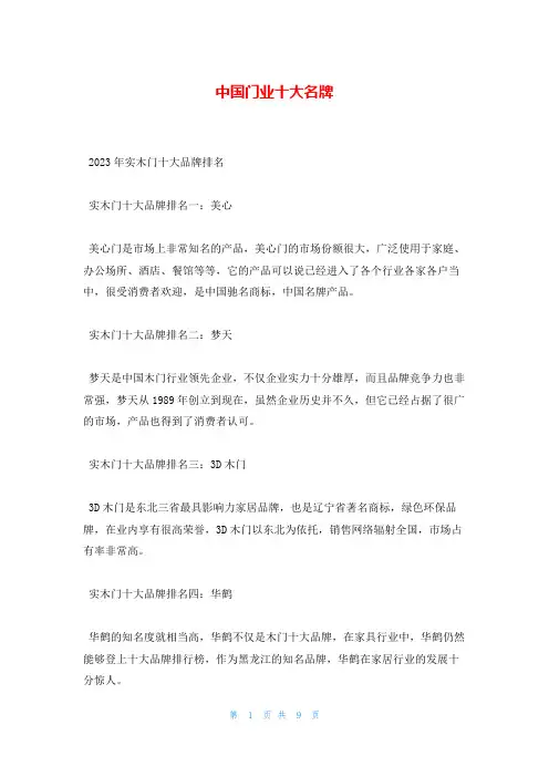 中国门业十大名牌