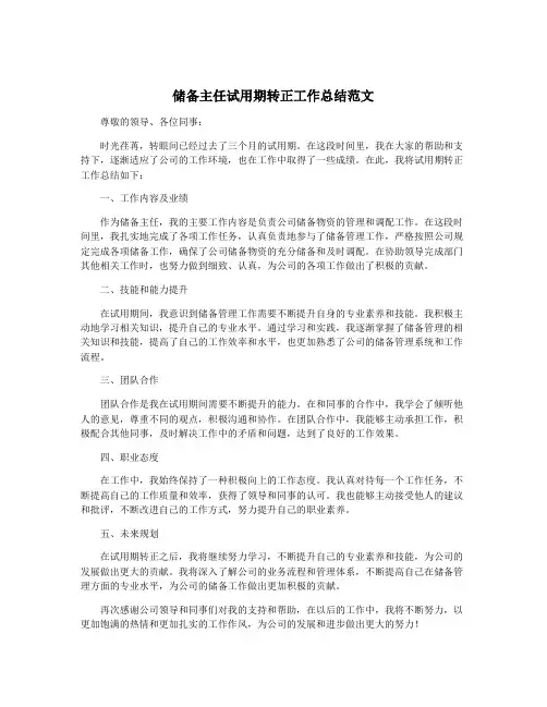 储备主任试用期转正工作总结范文