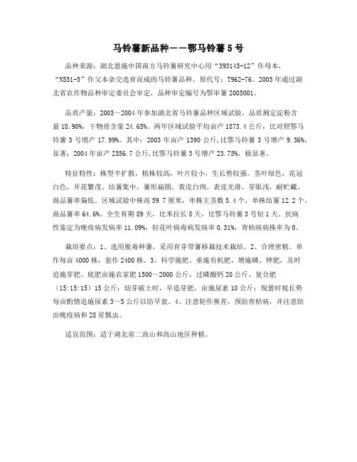 马铃薯新品种--鄂马铃薯5号