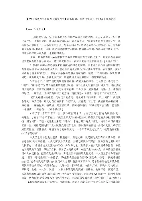 【2021高考作文全国卷1满分作文】最新精编：高考作文满分作文20个经典语段