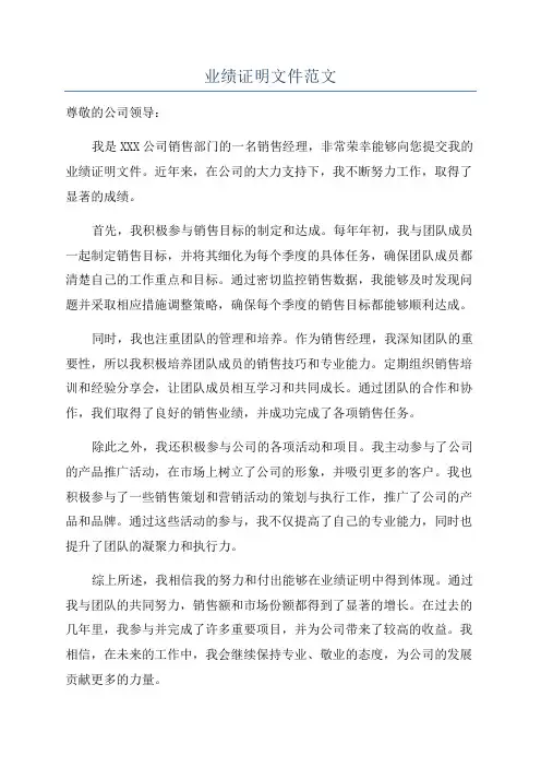 业绩证明文件范文