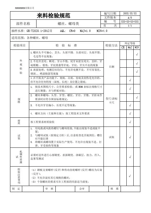 螺丝和螺母进料检验标准