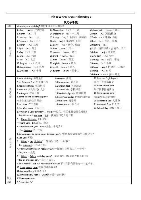 人教版七年级英语上册 Unit 8 When is your birthday