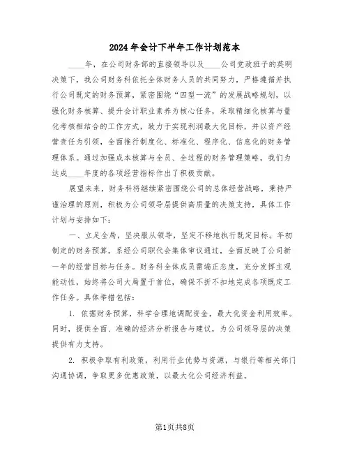 2024年会计下半年工作计划范本（五篇）
