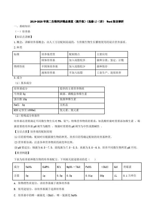 2019-2020年高二生物同步精品课堂(提升版)(选修1)(讲) Word版含解析
