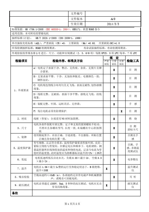 罩极电机检验标准