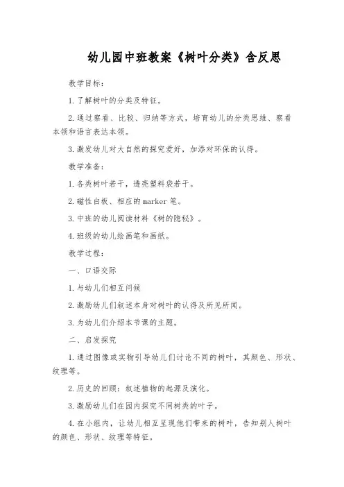 幼儿园中班教案《树叶分类》含反思