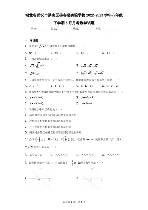 湖北省武汉市洪山区杨春湖实验学校2022-2023学年八年级下学期5月月考数学试题